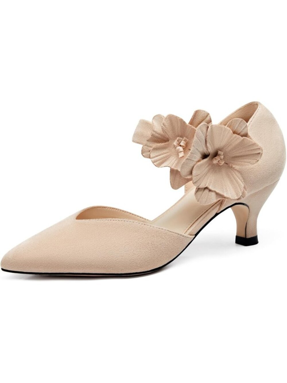 Women's Suede Nude Low Kitten Heel Comfortable Closed Toe Flower Slip On Shoes